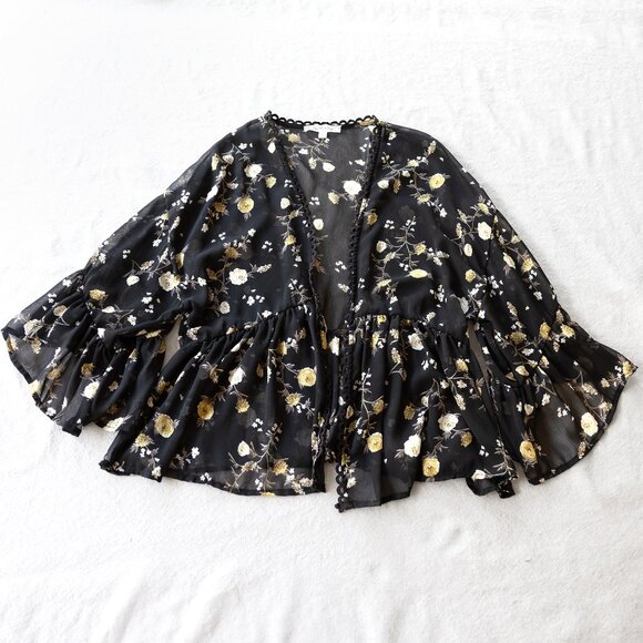Black Sheer Floral Ruffle Sleeve Kimono Cardigan  | Whimsigoth Boho - Picture 1 of 6